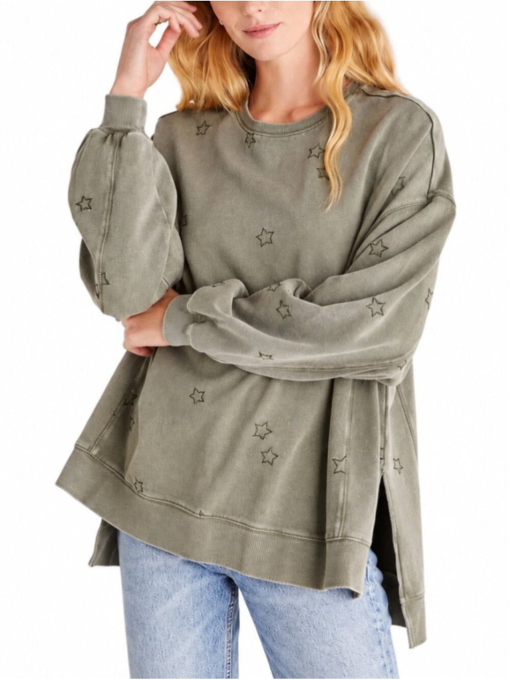 Z SUPPLY The Star Modern Weekender Sweatshirt Green Medium Oversized Embroidered